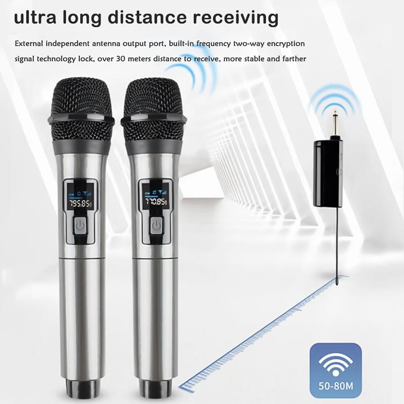 2Pcs Professional VHF Wireless Microphone Handheld Mic System Karaoke with Rechargeable Receiver, 6H Duration, 100ft Range, Microphone for Singing, Karaoke, Church, Speech, Wedding, Party Singing