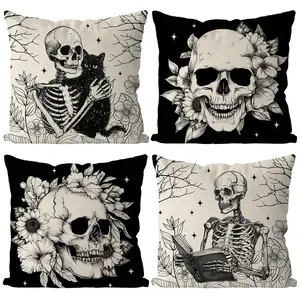 4 Piece Halloween Pillow Covers Set, 18x18 Inch Skeleton Flower Design, Home Sofa Living Room Decor, Single Side Print, No Insert Included, Home Textile