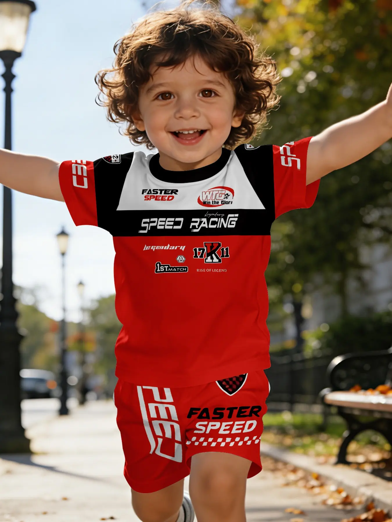 Red, black and white color-blocking design racing suit printed T-shirt, digital printed infant short-sleeve set, casual kids' wear, suitable for daily, outdoor and sports, 100% polyester, Set Outfit, Clothing Set, Outfits Set