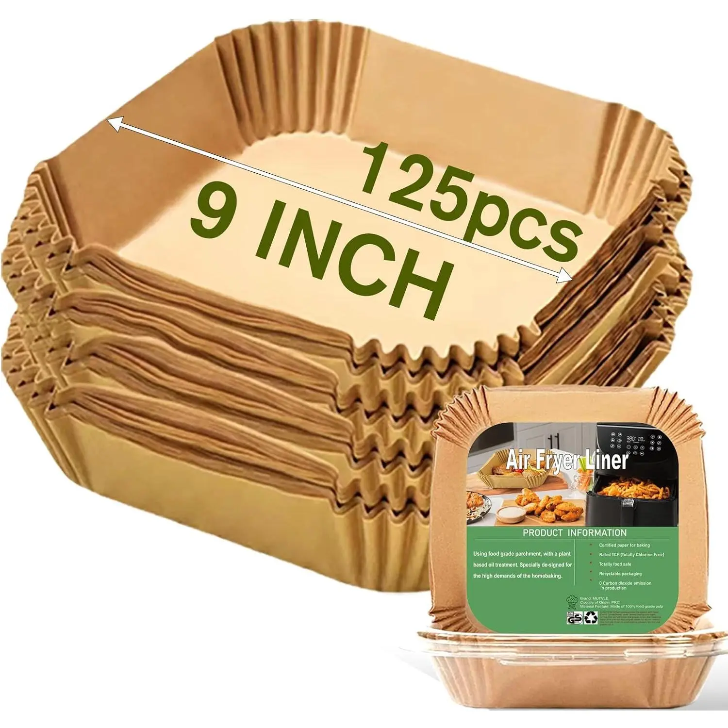 Large Air Fryer Disposable Paper Liners Square 9 Inch, 125 count  paper liner for 5-8QT Air fryer, Oil-proof, Water-proof,  Baking Paper for Baking Roasting Microwave
