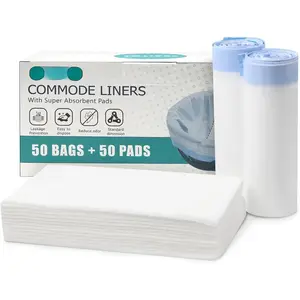 Commode Liners with Absorbent Pads, 50 Bedside Commode Liners and 50 Commode Pads, Portable Toilet Liners, Disposable Commode Bags Universal Fit  Standard Toilet Chair Bucket