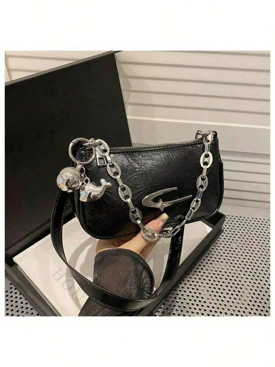 LUNA LAYER Womens Ruffled Square Camera Bag Y2K Metallic Chain Mini Shoulder Bag Black