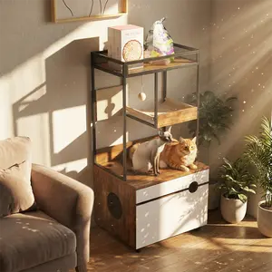 2-in-1 Cat Tree Tower with Litter Box Enclosure | Hidden Cat Washroom Furniture | Multi-Level Condo & Scratching Posts