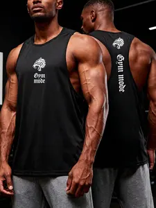 Men's Minimalist Printed Stringer Tank Top, Deep U-Neck Breathable Cotton Blend Muscle Tank, Lightweight Moisture-Wicking Gym Shirt, Sleeveless Gym Tops, Athletic Tops, Ideal for Bodybuilding, Workout, Light Outdoor & Urban Street Style, Gym Tops