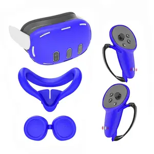Silicone VR Protective Case Set, VR Accessories for Oculus/Meta Quest 3, Including 1 Headset Cover, 1 Face Cover, 1 Lens Cover & 2 Controller Covers with Knuckle Strap