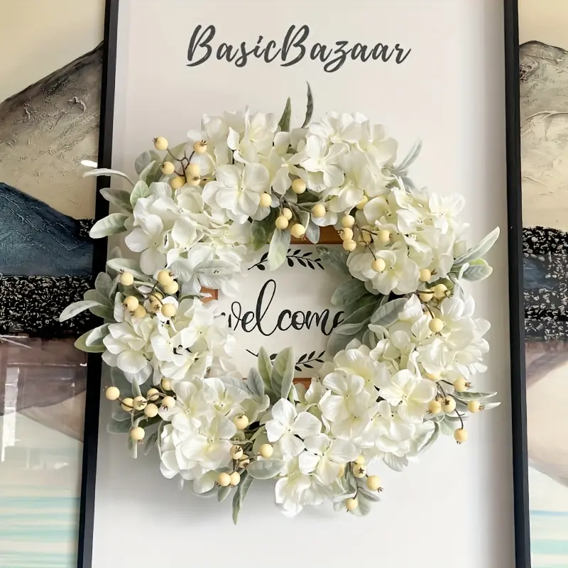 Artificial Door Wreath 20 Inch, Spring/Summer Wreathwith Hydrangeas Lamb's Leaves Berries Welcome Boardfor Holiday Farmhouse Home Indoor Outdoor WeddingParty Wall Window Decor
