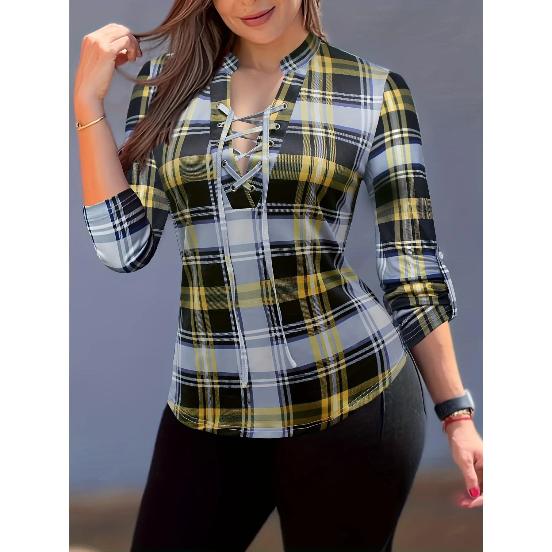 YYW1 Women's Button Down Top, Classic Fit Casual Plaid Blouse with Long Sleeves for Office and Professional Work Wear, Checkered Print, V-Neck, Lady, Corporate Attire Women, Recycle Polyester, Sexy