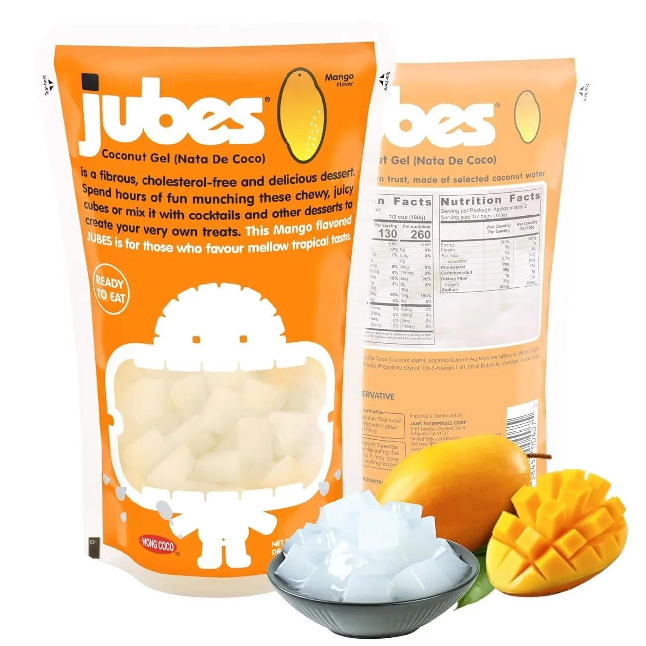 Jubes Mango Nata De Coco Jelly Cubes 12.7 oz - Mango Coconut Jelly Cubes for Sago - Coconut Gel in Syrup Toppings for Fruit Tea, Boba, Bubble Tea, Drinks, Desserts Yogurt, Ice Cream, Beverage