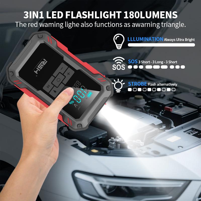 15000mAh Ultra-Safe Jump Starter – Starts all 12V battery vehicles. Features 150 PSI air compressor, 45W fast charging, tire pressure check, and LED light. Includes jumper cables, air hose, storage bag, and 4-in-1 charging cable