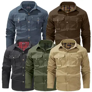 Men's Solid Color Shirt Collar Multi-Pocket Workwear Buttoned Jacket with Plaid Lining, Featuring Flap Pockets and Sleeve Buttons, Casual Vintage Style Coat SpringStatements