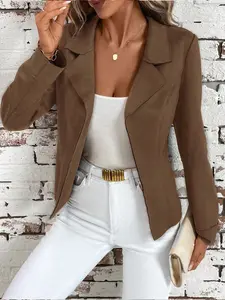 A lady's brown collar blazer Jacket with a waistline and long sleeves, exuding elegant style and suitable for both casual and formal occasions.