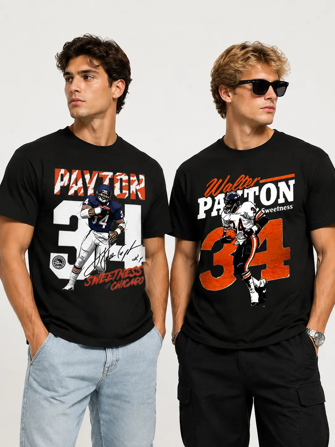 Walter Payton 34 Inspired Graphic Tee Shirt, Retro Sports Number Print Short Sleeve Crew Neck Top, Casual Streetwear Clothing, Classic American Athletic Fan Fashion Shirt,victory shirt, Men's Women's 100% Cotton Vintage Football Style T Shirt
