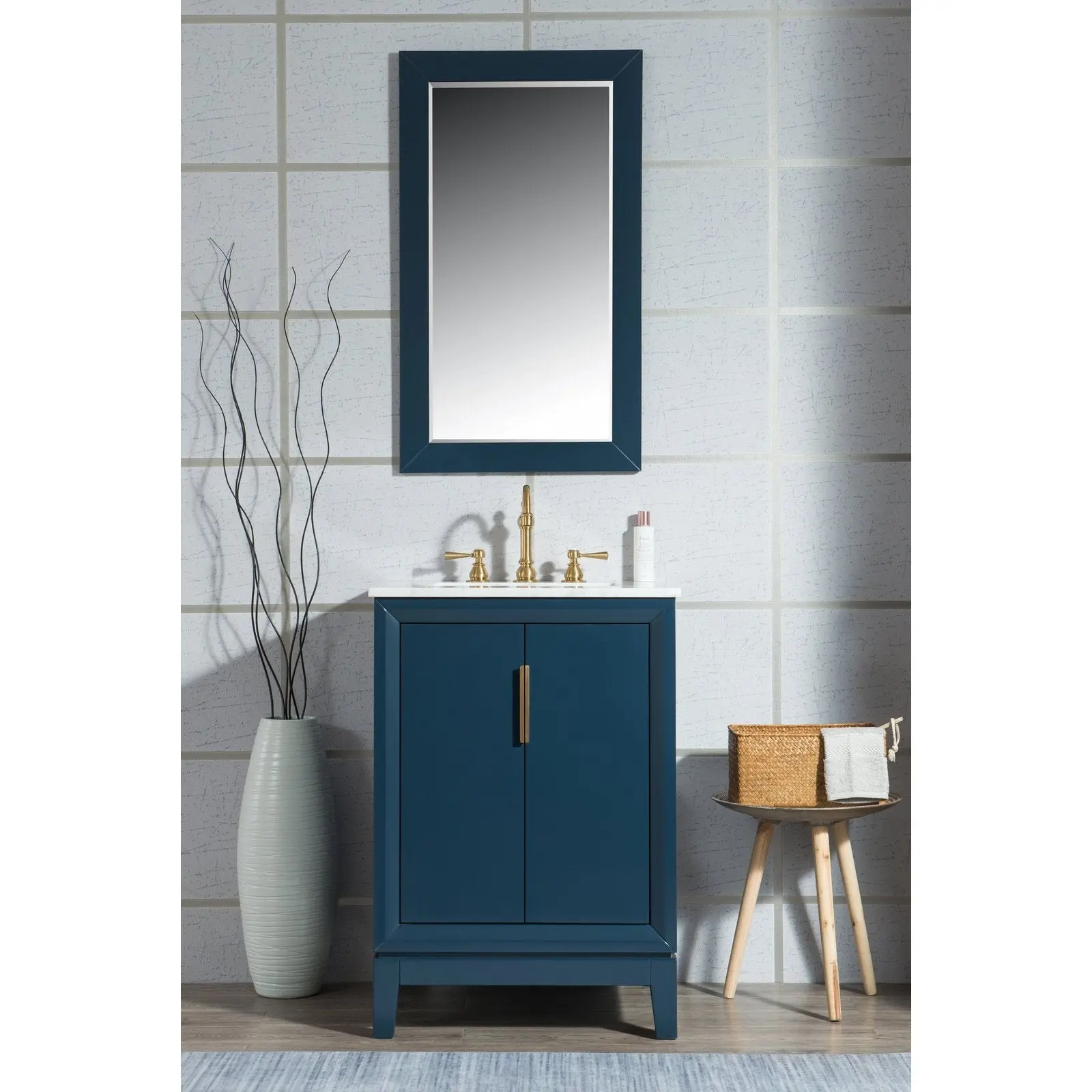 Water Creation Elizabeth 24" Single Sink Carrara White Marble Vanity In Monarch Blue With Matching Mirror and Lavatory Faucet