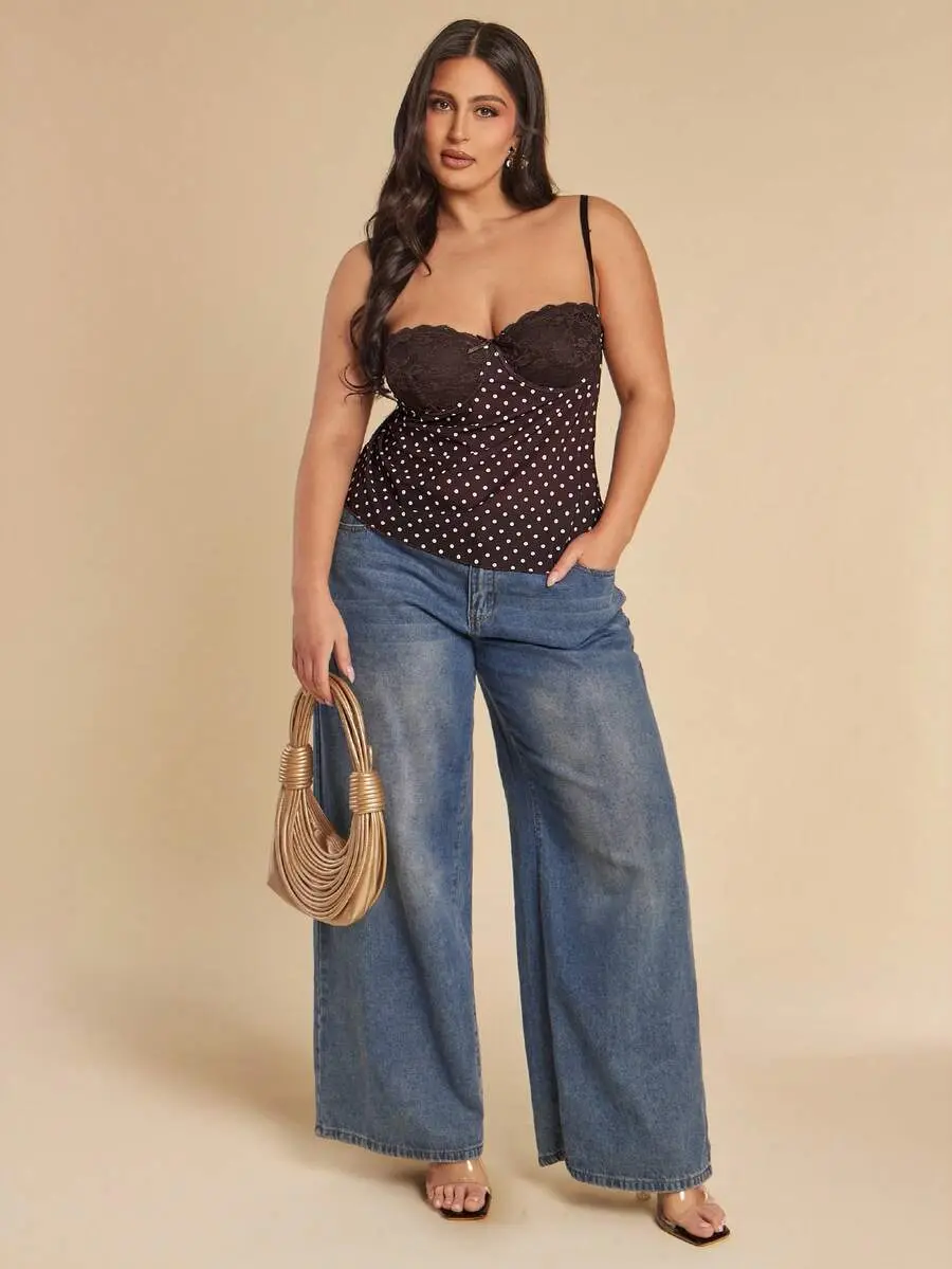 XLAIS Plus Size Women's Polka Dot Camisole,Lace-Panel Strapless Tank Top,Black And White,Summer,1920s Flapper,Elegant,Date Night,Casual Workwear Outfits