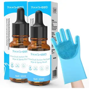 2Pcs Waterless No-Rinse Pet Shampoo Essence for Dogs & Cats Pomegranate Scent for Skin & Coat Care With Blue 5-Finger Bathing Massage Grooming Gloves