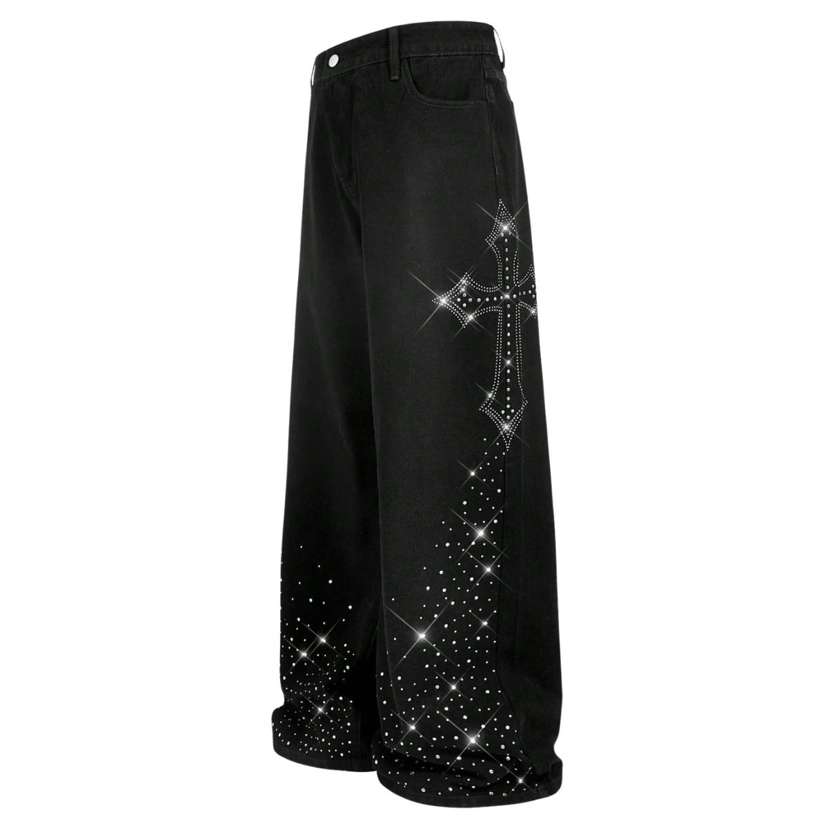 Men’s trendy black denim jeans with star rhinestones, high-street style wide-leg long pants