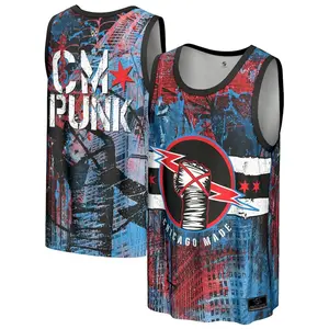 WWE CM Punk 3D Tank Top Jersey – Chicago Made Fist Lightning Logo City Skyline, Unisex Oversized Basketball Tee, Wrestling Fan Gift Street Casual