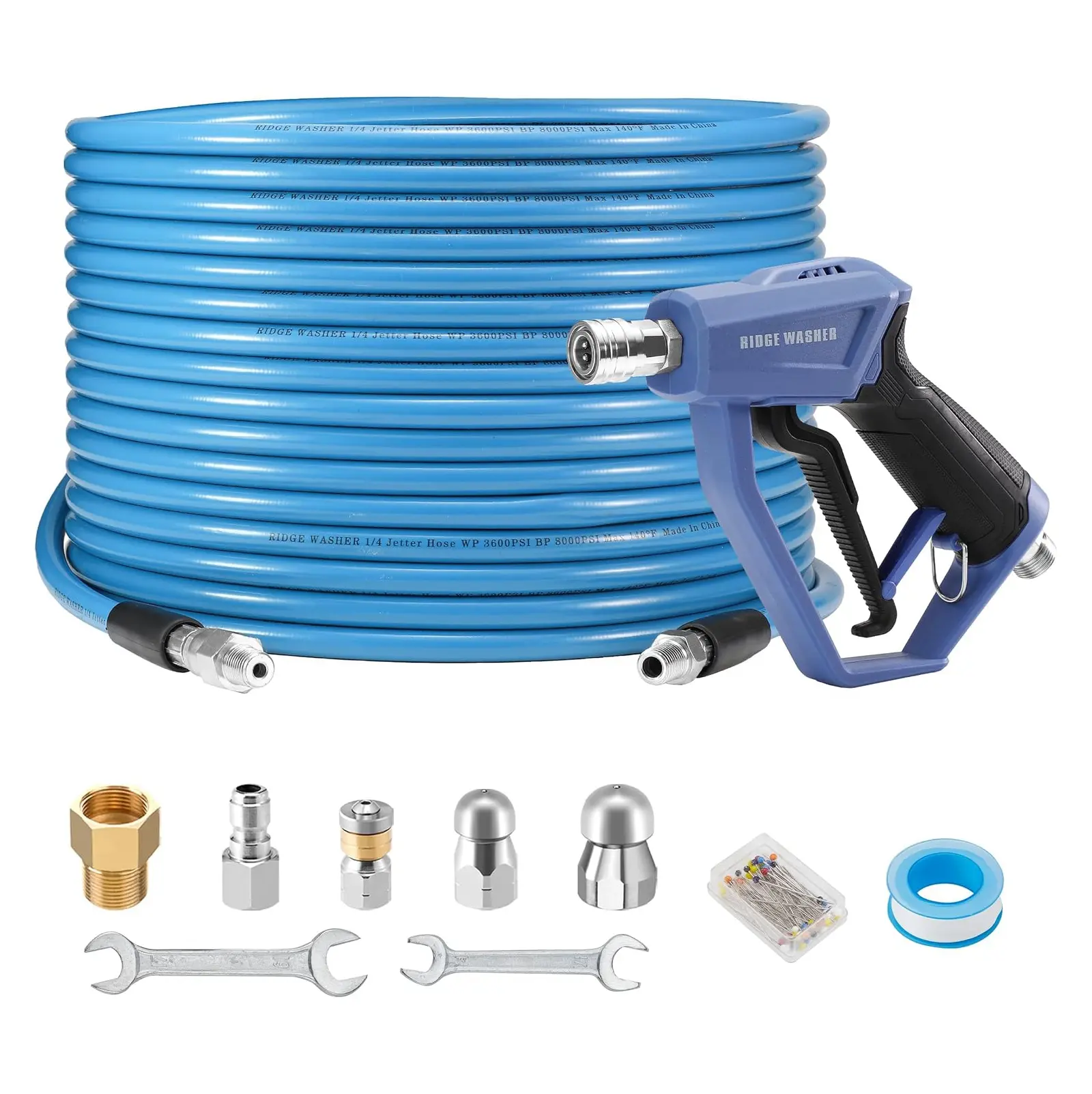 RIDGE WASHER Pressure Washer Sewer Jetter Kit, 50ft 3600 PSI Long Pipe Tubing & Hoses, Short Gun, 1/4 Inch NPT Corner Sewer Nozzle, Rotating & Button Nose Nozzles, 1/4" Quick Connect Plug, Adapter, Box of Pins, 1/4" Quick Connect Plug X1