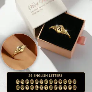 14k Gold Couple Rings Engraved With 26 Elegant Letters, Suitable For Holidays, Daily Wear, Birthdays And As A Gift For Women