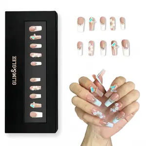 Glim&Glee Handmade Anti-Wrinkle Acrylic Press On Nails Nude White 3D Butterfly Floral Rhinestone Chain Decor Long Coffin False Nails in Black Gift Box Solid Elegance