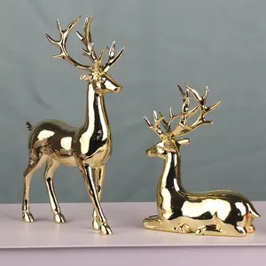 Pair of Luxurious Gold-Plated Christmas Reindeer Statues - Collectible Figurines, Ideal for Home & Living Room Decor, Wine Cabinet Display, Festive Holiday Tabletop Accents, Perfect Gift for Her/Him, Reindeer Christmas Decor
