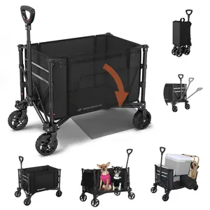 3 in 1 Collapsible Wagon Converts to Bench, 220lbs Foldable Wagon portable Cart ，120L Shopping Cart for Groceries Folding Utility Wagon for  Garden, Camping, Sport, Black Large Capacity camp gear Travel Outdoor Life Reusable Lightweight Compact Modern