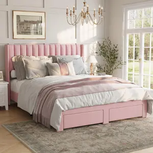 Bed Frame with Wingback Headboard - Premium Velvet Platform Bed for Bedroom with 2 Storage Drawers, Vertical Tufted Design, Wooden Slats & No Box Spring Needed
