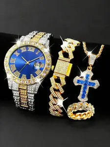 Men's Luxury Watch Set with Rhinestone Cross Necklace, Ring, Bracelet, Alloy Case Band, Round Dial, Analog Display, All Seasons