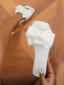 Women's Bowknot Design Slide Sandals, Casual Comfortable Flat Sandals for Summer, Female All-match Round Toe Sandals for Daily Wear, Lightweight Sandal, Shoe