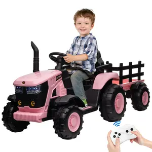 Garvee 12V Kids Outdoor Play Ride-On Tractor with Remote Control, Detachable Trailer, Dual 35W Motors, LED Lights, Music Player, Safety Belt - Yellow