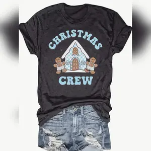 Women's Cartoon Gingerbread House & Letter Print Round Neck Tee Casual Drop Shoulder Short Sleeve T-Shirt For Daily Wea Lightweight Unisex T-Shirt