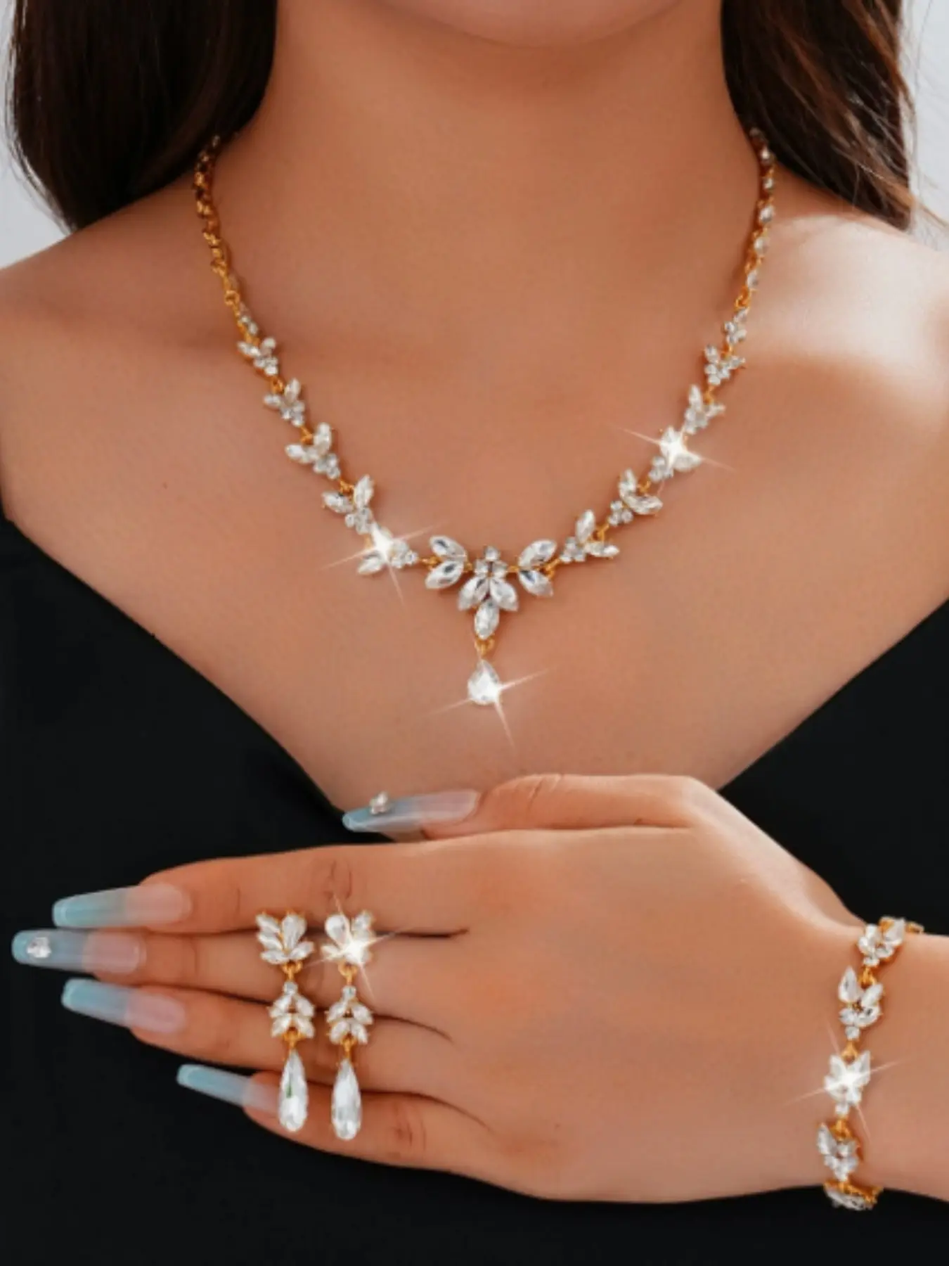Elegant Bridal Jewelry Set, Ear Rings Necklace Bracelet Trio, Wedding Accessories for Bride, Dress Gown Ensemble, Women's Fashion