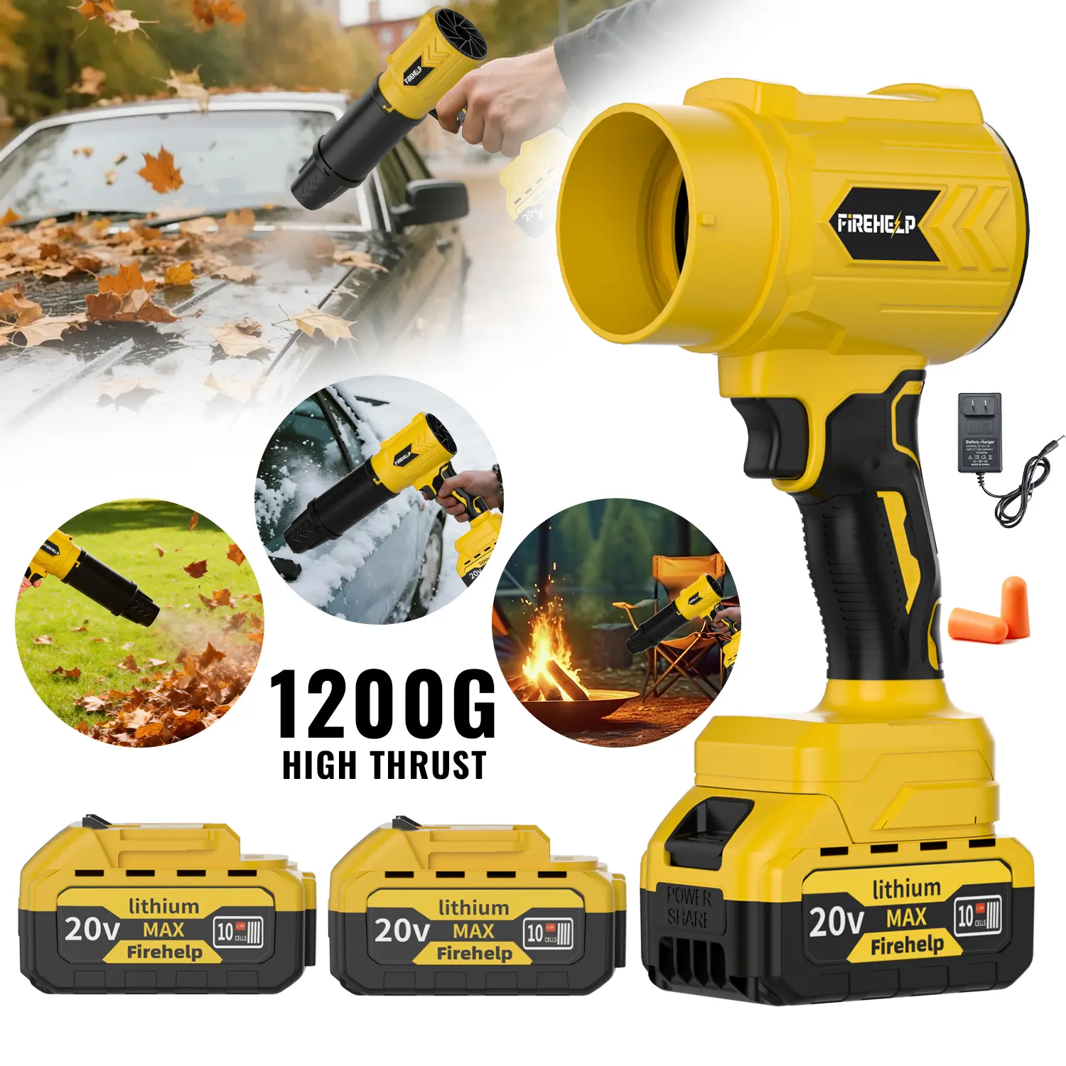 FIREHELP 1200G 【MothersDayGift】 Turbo Jet Blower,Leaf Blower, Violent Turbo Fan, Pure Copper Motor,Car Drying After Wash, Handheld Snow Blower,Cordless Turbo Power Air Duster,Home Improve,Garden Mainte Holiday gifts