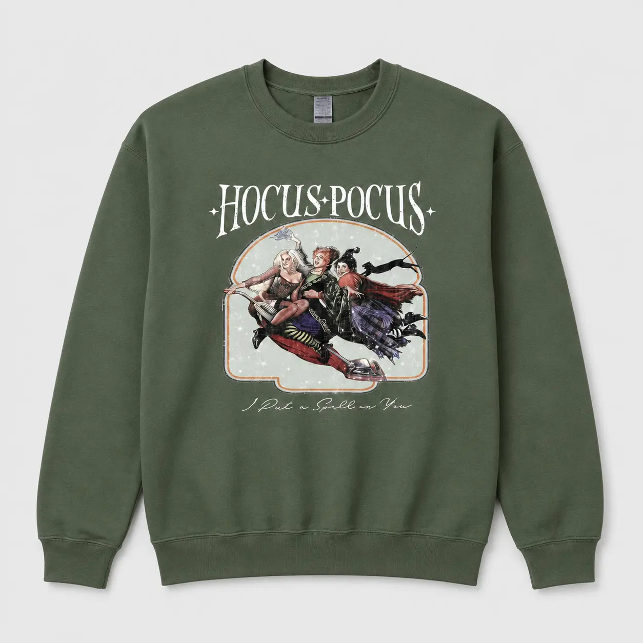 Vintage Witch Trio Sweatshirt – Retro Halloween Pullover with Flying Witches Design