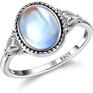 YADOCA Sterling Silver Moonstone Mood Ring - Vintage Handmade Victorian Oval Solitaire - 18K White Gold Plated Color Change Ring for Women