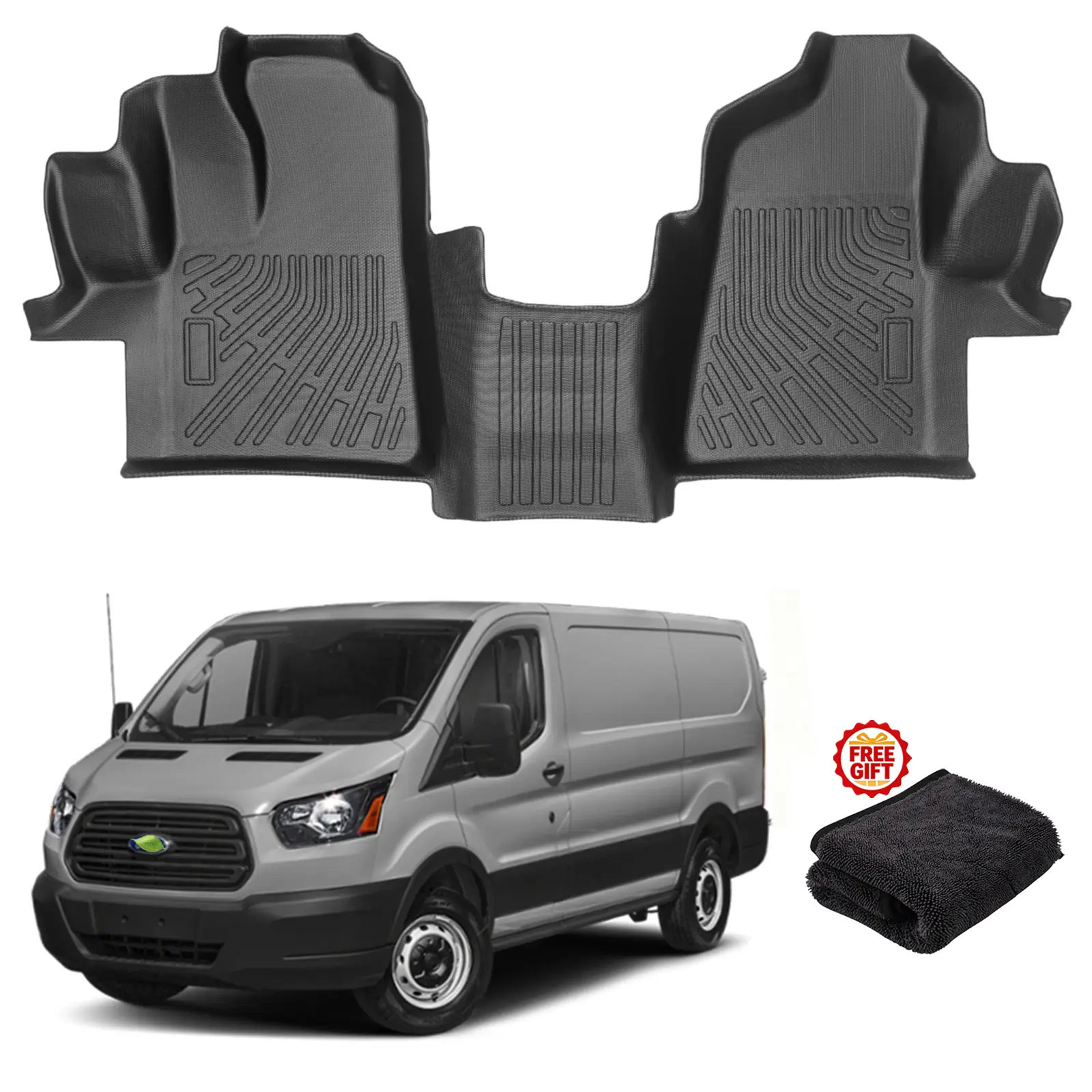 Canvcle Waterproof TPE All-Weather Deep-Tread Floor Mats for Trucks - Custom-Fit 1st Row 1-Piece for 2015-2021 Ford Transit 150/250/350/350HD, Skid-Resist. Debris-Trapping Car Interior Accessory with Free Super Absorbent Towel, Car Accessories