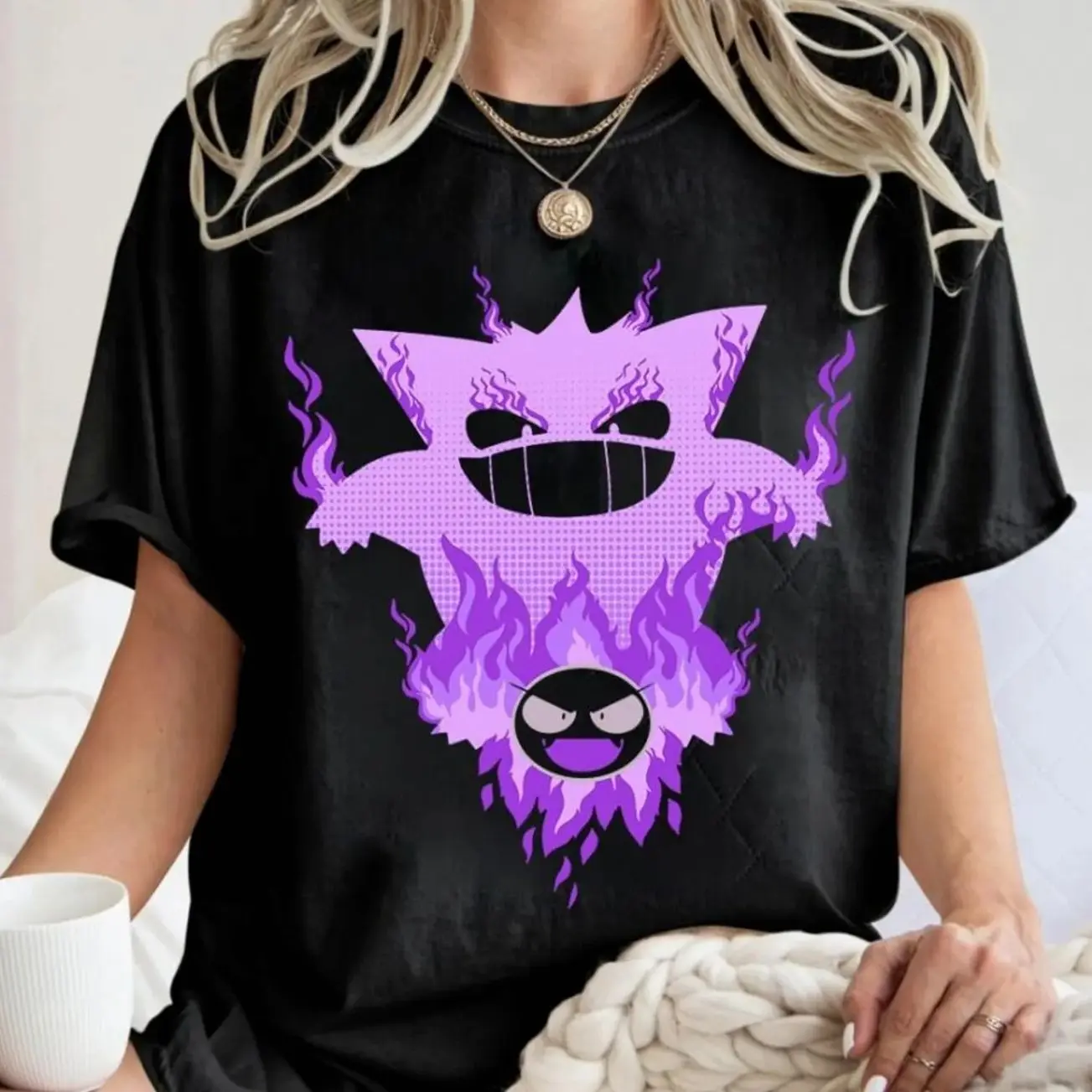 Comfort Color Gengar Gastly Shirt, Vintage Ghost Purple Flame Silhouette, Retro 90s Anime Clothes, Gift for Gamers, Shadow Evolution Top 8CQ
