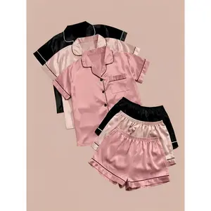 Women's Solid Satin Pyjama Set, Short Sleeve Button Front Lapel Shirt & Contrast Binding Shorts PJ Set, Summer Sleepwear Set Matching Casual Pajamas Loungewear Womenswear women's pajamas set