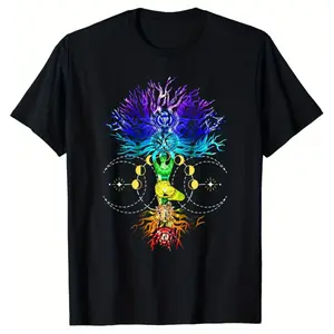 Wheel of Life, Chakras and Moon Phases Hatha Yoga T-Shirt 200g Cotton Men's Casual Short-Sleeve Classic Cotton Tee Men's T-Shirts Graphic Tees Comfort Wear 100% Cotton Sizes S to XXXXL