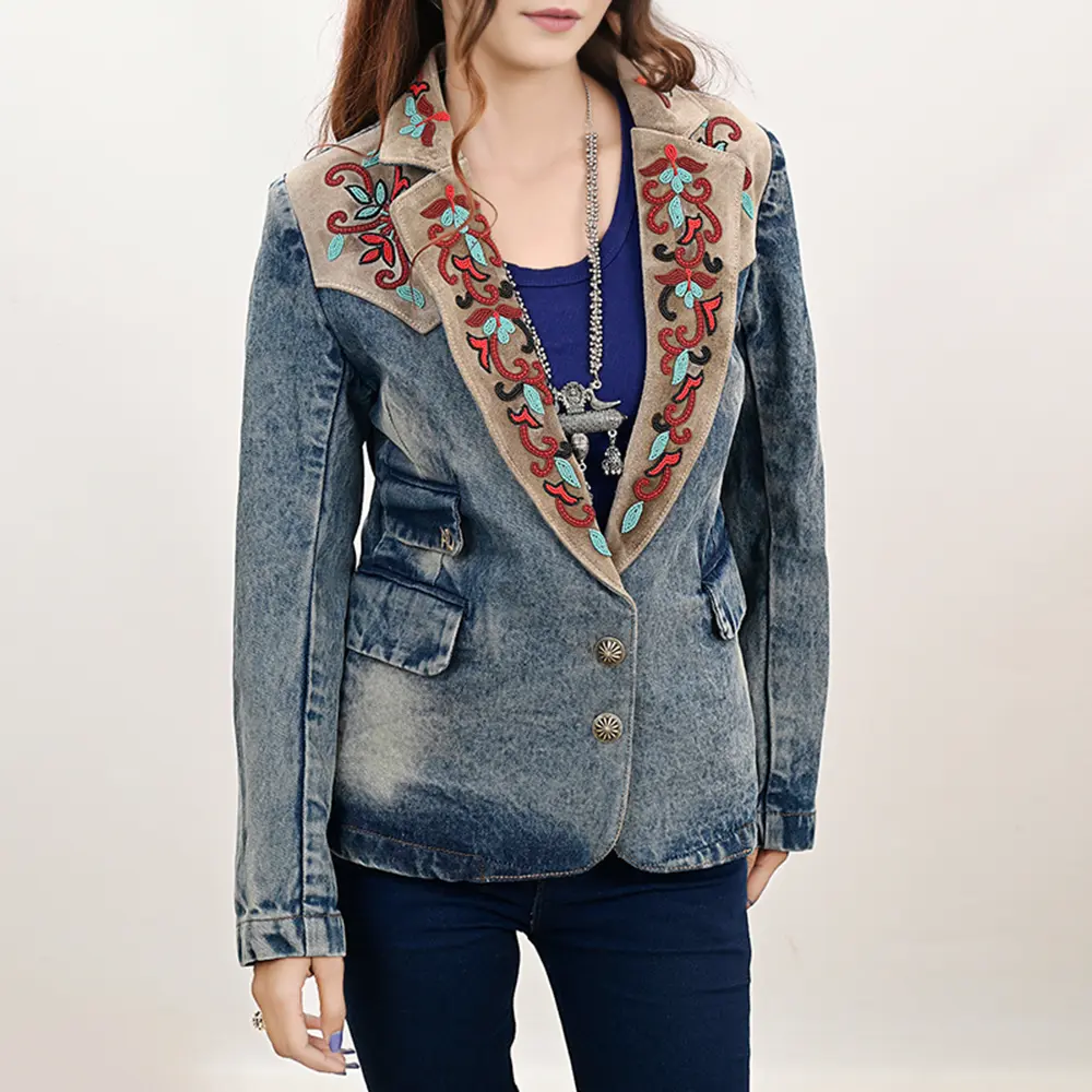 American Darling Genuine leather Hand tooled carved Women 100% cotton Denim Blazer dress jacket | Vintage
