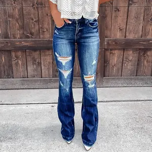 Blue High Waist Ripped Jeans, Washed Embossed Crotch Bell-Bottom Pants, Women's Jeans and Clothing Womenswear Trouser