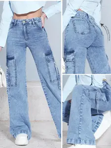 Women's Denim Long Pants, Fashionable Wide Leg Jeans with Pockets, Casual Fitted Style, All Seasons Wear, Ladies' Trendy Long Trousers