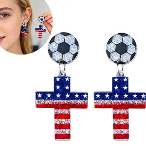2026 Summer Soccer Match Women Earrings with Cross Shaped Football Element Design,Perfect Long Earrings Set for Sports Event Dress Up Stainless Steel Acrylic Earrings Jewelry