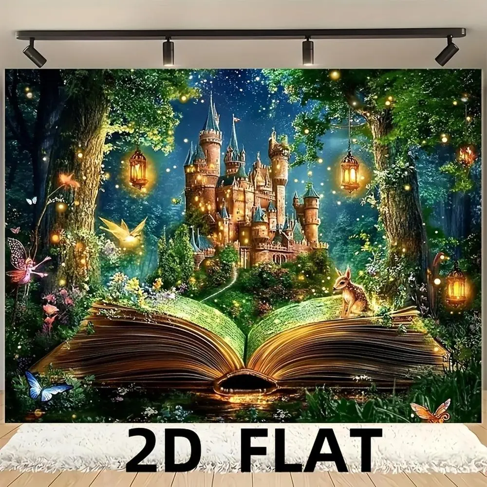 1pc Large Polyester Material Backdrop - 2D Flat Fantasy Castle Fairy Tale Books Photography Cloth, Indoor/Outdoor Party & Studio Prop, Home Decor Garage Door Banner
