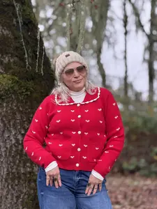 Blush Heart Knit Cardigan - Red with White Hearts Embroidery Long Sleeve Fitted Casual Soft Knit Material Versatile for Various Occasions