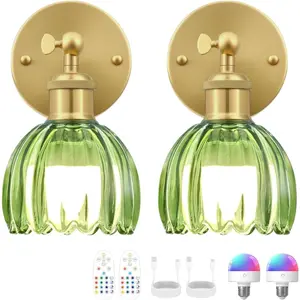 Vintage Battery Operated Wall Sconce Green Tulip Glass Lampshade Wireless Rechargeable Dimmable LED Wall Light with Remote Set of 2 for Bedside Bedroom Doorway Living Room
