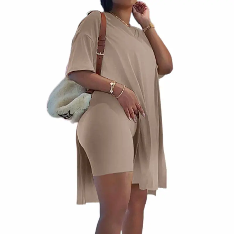 METAONLY Women's Plus Size 2-Piece Spandex Bodycon Set - Crop Top with Oversized Loose Short Sleeve V-Neck Tunic, Above-the-Knee Skinny Biker Shorts with Split Hem, Lounge Tracksuit for Party, Evening, Dating