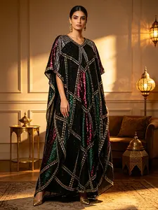 Muslim Embroidered Sequin Kaftan, Large Size Women's Long Dress, Jilbab Style Evening Gown, Traditional Festival Wear, Elegant Middle Eastern Fashion