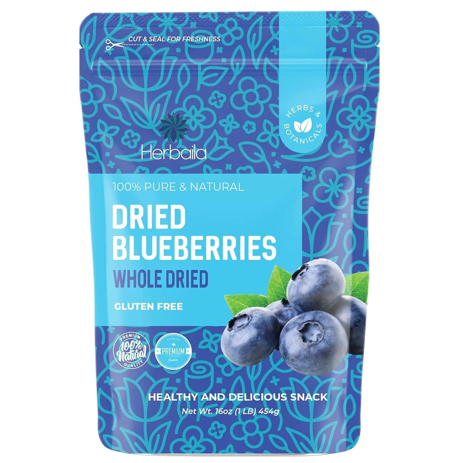 Herbaila Whole Dried Blueberries, No Sugar Added, Bulk, Dehydrated, Dried Unsweetened Blueberries, All Natural, Non-GMO, 1 Pound. - 16 oz.