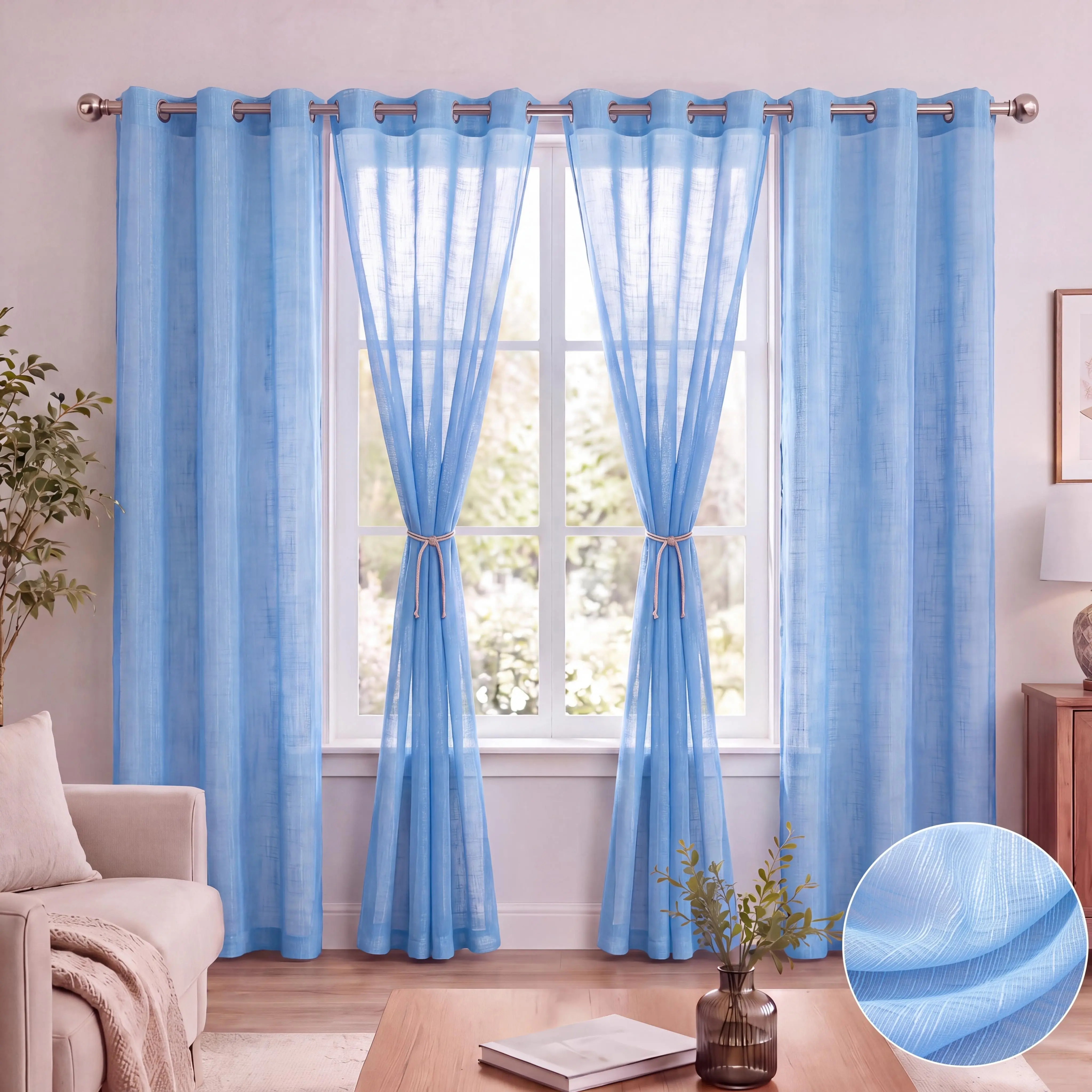 4 Pcs Soft Bamboo Gauze Yarn Fabric, 34x95 in Grommet Curtains, Classic Grommet Top Design, Elegant Home Drapes for Bedroom, Living Room Decoration L12